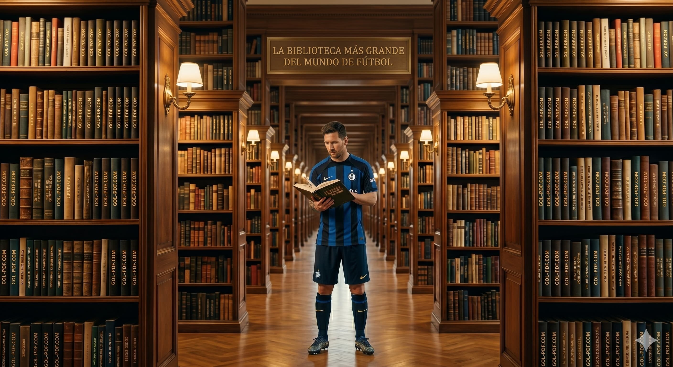 Biblioteca con jugador leyendo un manual